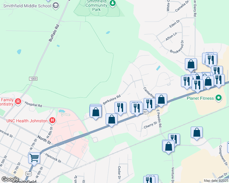 map of restaurants, bars, coffee shops, grocery stores, and more near 901 Berkshire Road in Smithfield