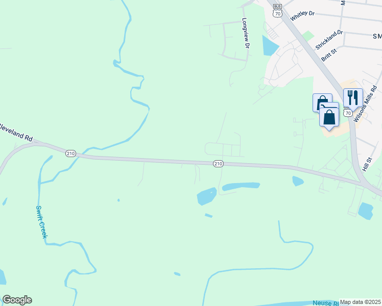 map of restaurants, bars, coffee shops, grocery stores, and more near 674 North Carolina 210 in Smithfield