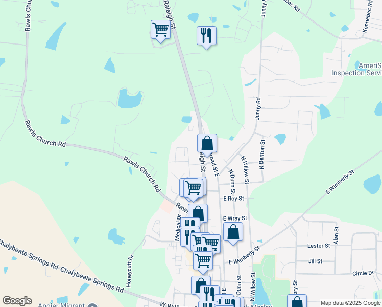 map of restaurants, bars, coffee shops, grocery stores, and more near 167 Shelly Drive in Angier