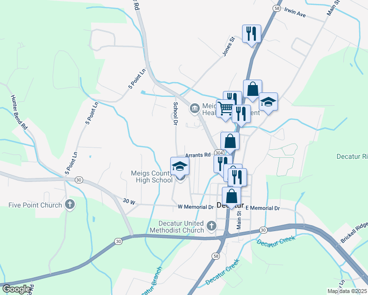 map of restaurants, bars, coffee shops, grocery stores, and more near 270 School Drive in Decatur