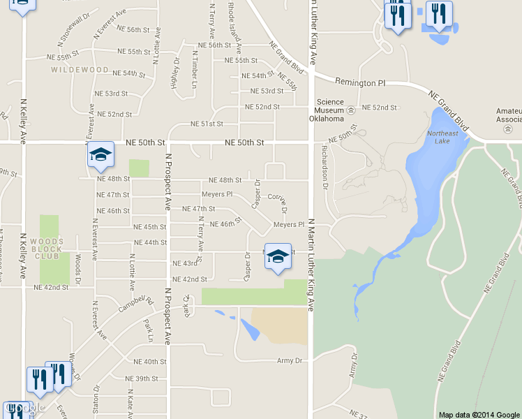 map of restaurants, bars, coffee shops, grocery stores, and more near 1821 Meyers Place in Oklahoma City