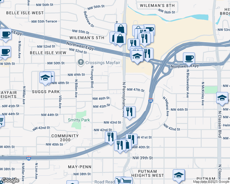map of restaurants, bars, coffee shops, grocery stores, and more near 4616 North Barnes Avenue in Oklahoma City