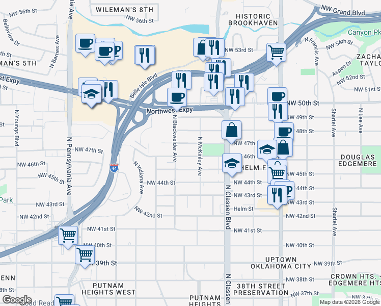 map of restaurants, bars, coffee shops, grocery stores, and more near 1520 Northwest 46th Street in Oklahoma City