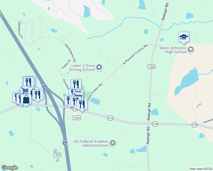 map of restaurants, bars, coffee shops, grocery stores, and more near 411 North Pleasant Coates Road in Benson