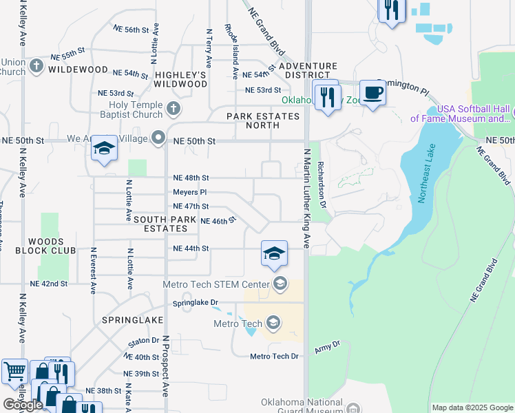 map of restaurants, bars, coffee shops, grocery stores, and more near 1805 Meyers Place in Oklahoma City