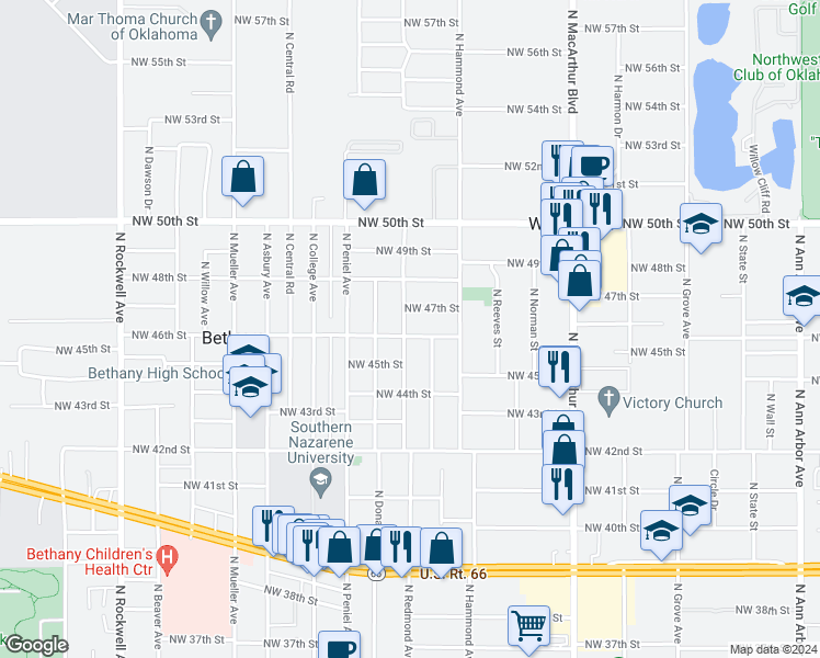 map of restaurants, bars, coffee shops, grocery stores, and more near 6313 Northwest 46th Street in Warr Acres