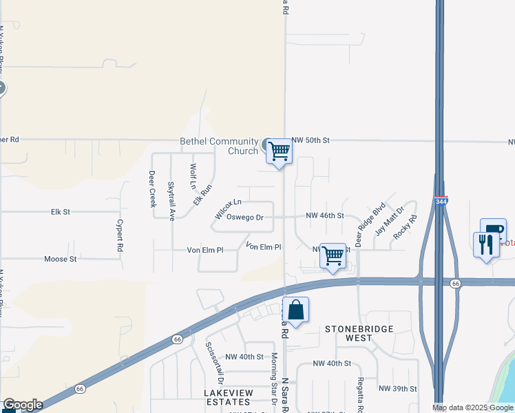 map of restaurants, bars, coffee shops, grocery stores, and more near 1345 Oswego Drive in Yukon