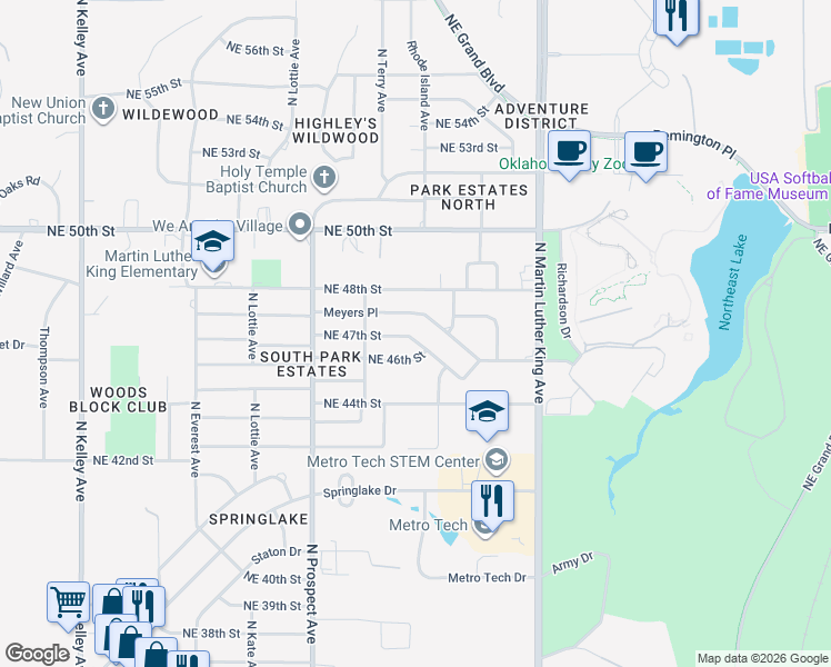 map of restaurants, bars, coffee shops, grocery stores, and more near 1633 Northeast 47th Street in Oklahoma City