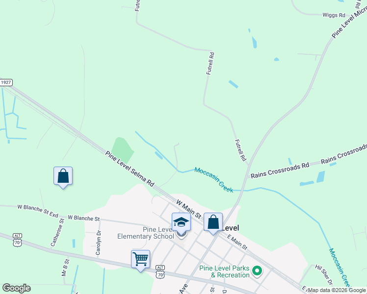 map of restaurants, bars, coffee shops, grocery stores, and more near 398 Futrell Road in Selma
