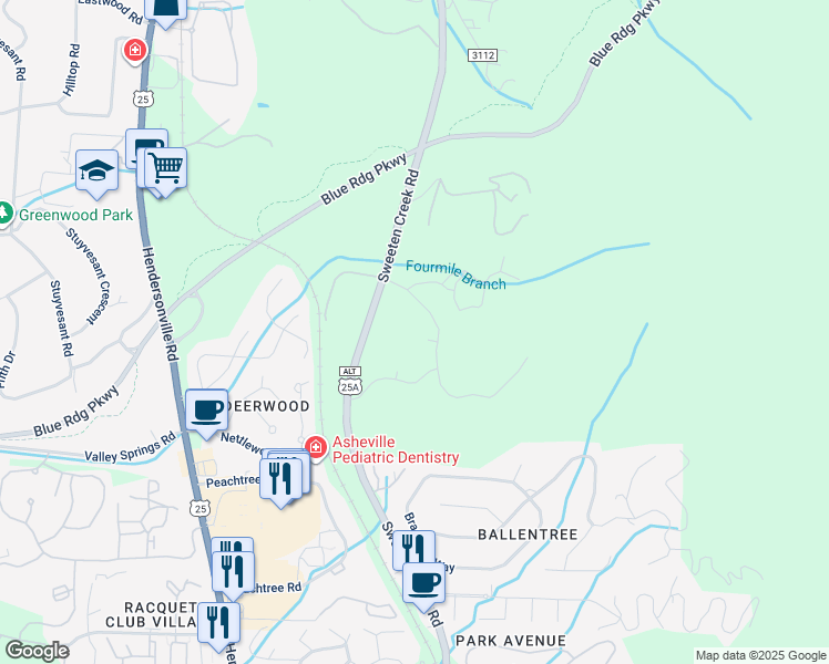 map of restaurants, bars, coffee shops, grocery stores, and more near 2351 Sweeten Creek Road in Asheville
