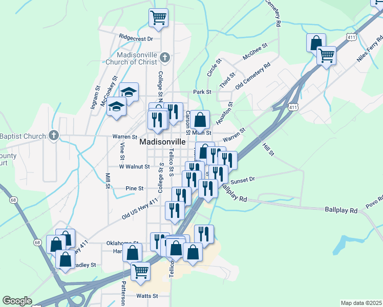 map of restaurants, bars, coffee shops, grocery stores, and more near 310 Carson Street in Madisonville