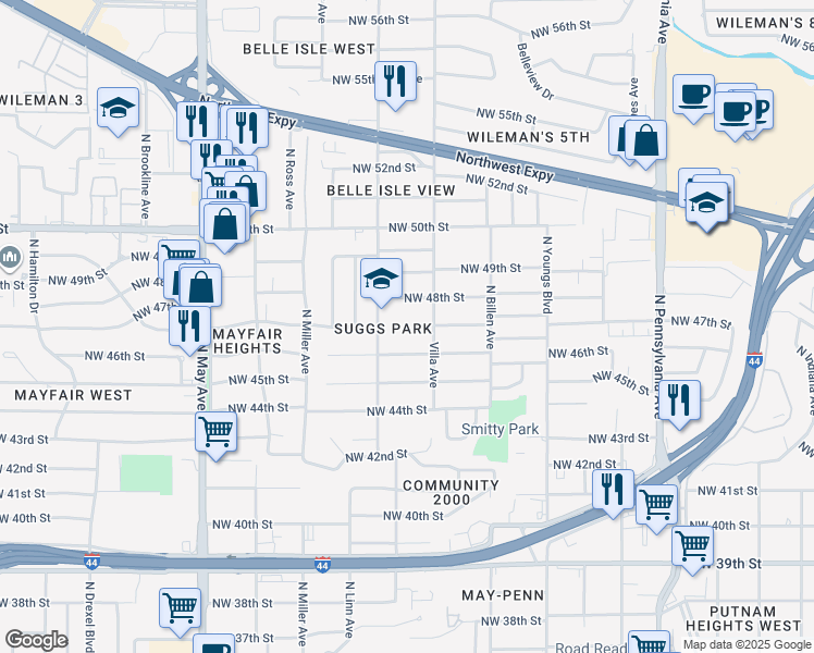 map of restaurants, bars, coffee shops, grocery stores, and more near 2445 Northwest 46th Street in Oklahoma City