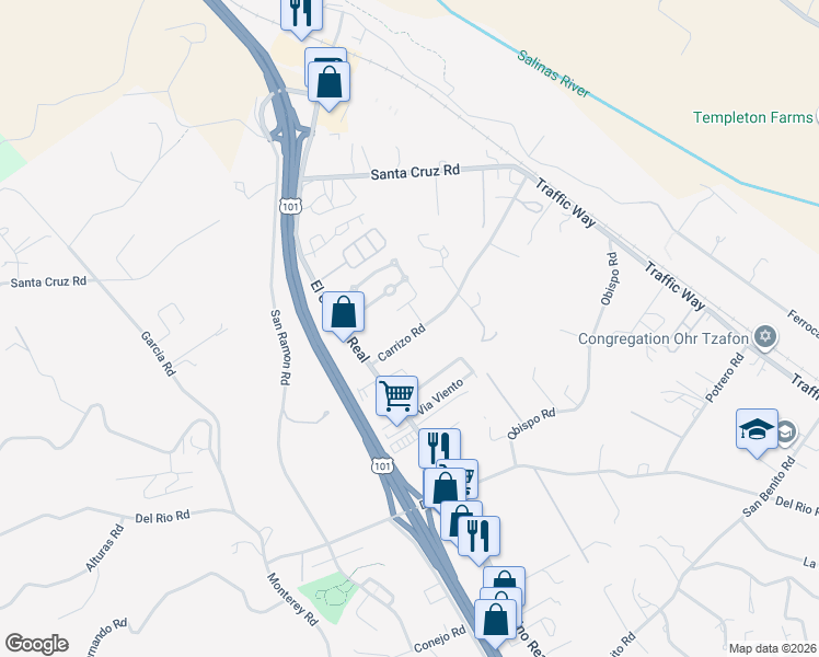 map of restaurants, bars, coffee shops, grocery stores, and more near 5400 Carrizo Road in Atascadero