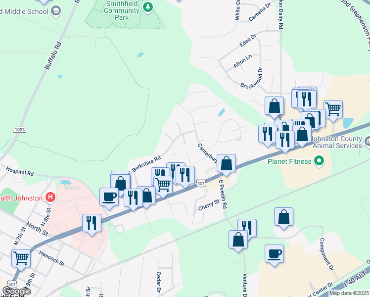 map of restaurants, bars, coffee shops, grocery stores, and more near 63 North Sussex Drive in Smithfield