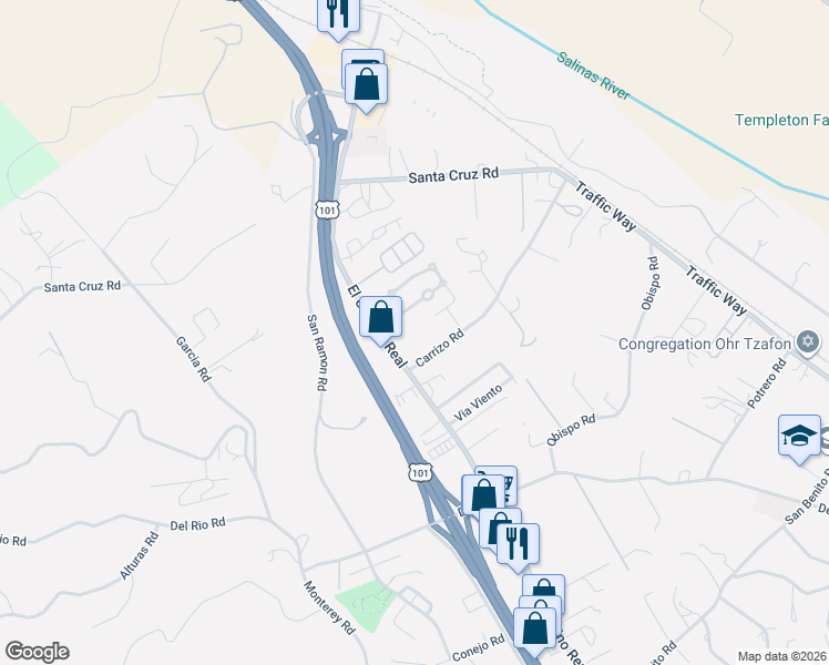 map of restaurants, bars, coffee shops, grocery stores, and more near 5470 Carrizo Road in Atascadero