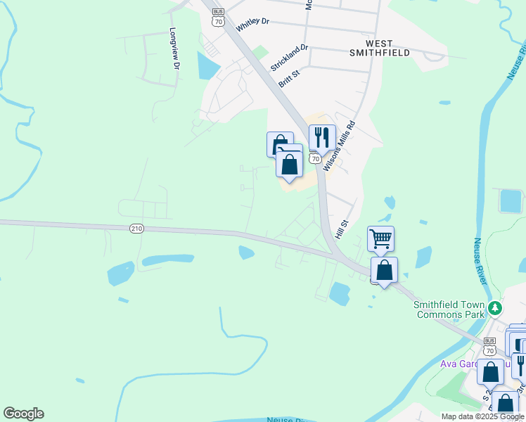 map of restaurants, bars, coffee shops, grocery stores, and more near 110 Skyland Drive in Smithfield