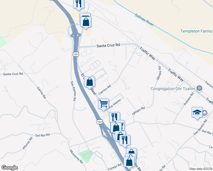 map of restaurants, bars, coffee shops, grocery stores, and more near 5555 Carrizo Road in Atascadero