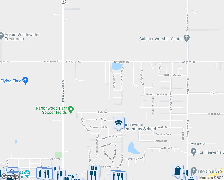 map of restaurants, bars, coffee shops, grocery stores, and more near 4700 James Lane in Yukon