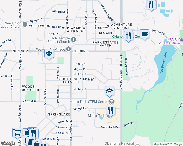 map of restaurants, bars, coffee shops, grocery stores, and more near 1625 Northeast 46th Street in Oklahoma City