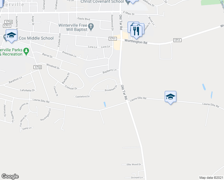 map of restaurants, bars, coffee shops, grocery stores, and more near Brookfield Drive in Winterville