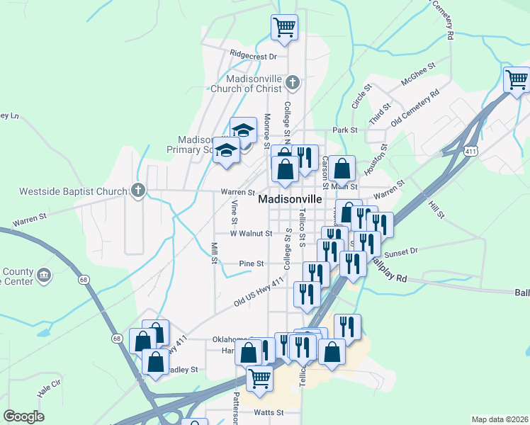 map of restaurants, bars, coffee shops, grocery stores, and more near 561 Monroe Street in Madisonville