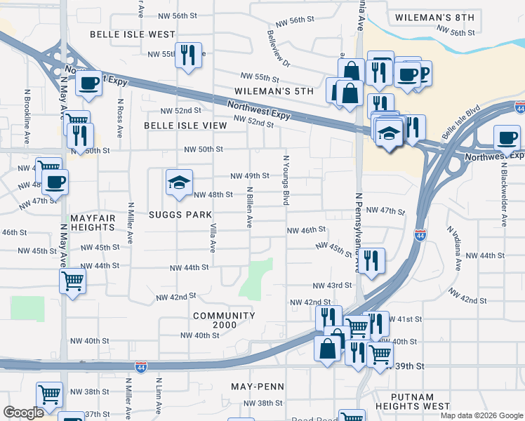 map of restaurants, bars, coffee shops, grocery stores, and more near 2336 Northwest 46th Street in Oklahoma City
