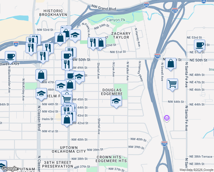 map of restaurants, bars, coffee shops, grocery stores, and more near 617 Northwest 46th Street in Oklahoma City