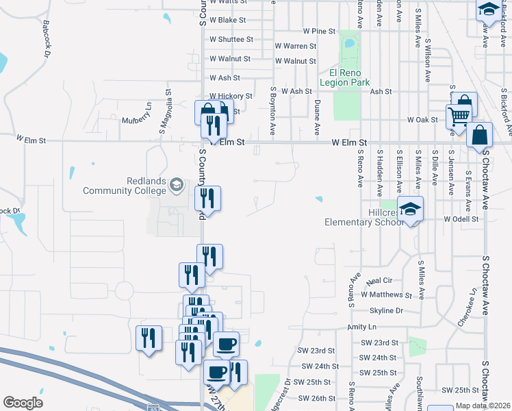 map of restaurants, bars, coffee shops, grocery stores, and more near Desmond Drive in El Reno