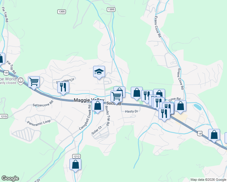 map of restaurants, bars, coffee shops, grocery stores, and more near 3946 Soco Road in Maggie Valley