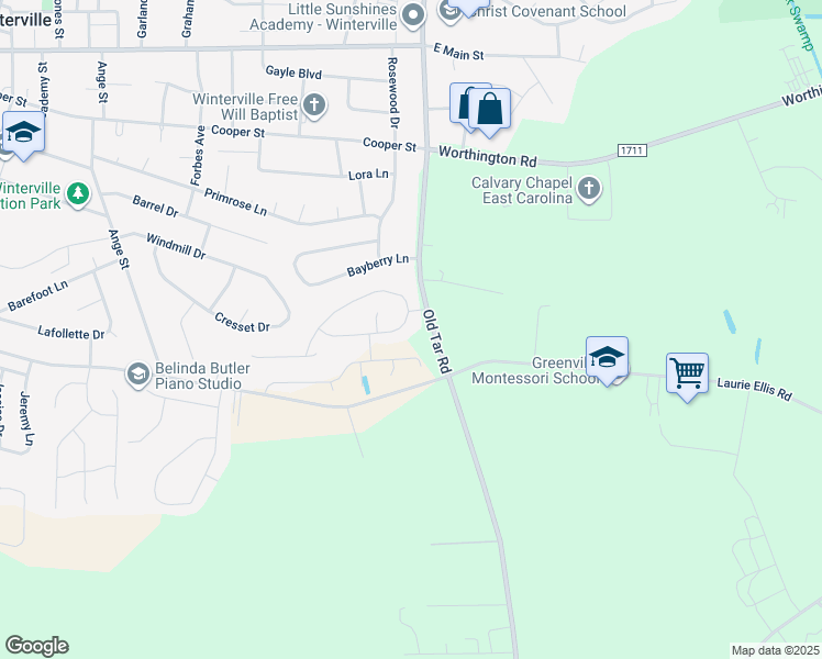 map of restaurants, bars, coffee shops, grocery stores, and more near Brookfield Drive in Winterville