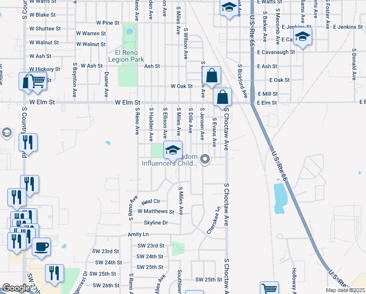 map of restaurants, bars, coffee shops, grocery stores, and more near 1149 South Miles Avenue in El Reno