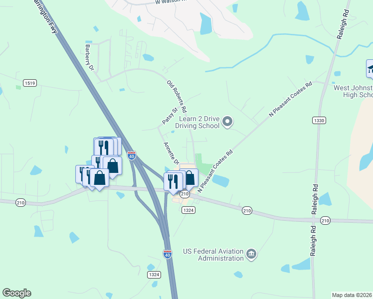 map of restaurants, bars, coffee shops, grocery stores, and more near 27 Annette Drive in Benson