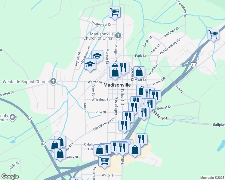 map of restaurants, bars, coffee shops, grocery stores, and more near 561 Monroe Street in Madisonville