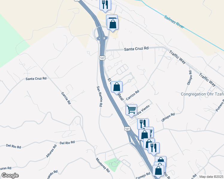map of restaurants, bars, coffee shops, grocery stores, and more near 1380 El Camino Real in Atascadero
