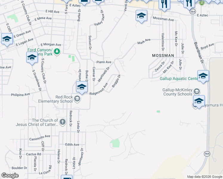 map of restaurants, bars, coffee shops, grocery stores, and more near 1127 Boggio Drive in Gallup