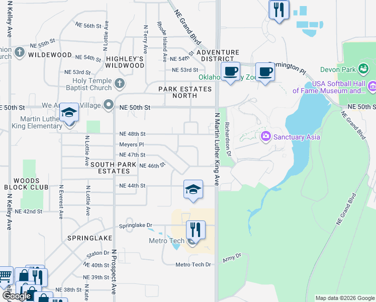 map of restaurants, bars, coffee shops, grocery stores, and more near 1821 Meyers Place in Oklahoma City