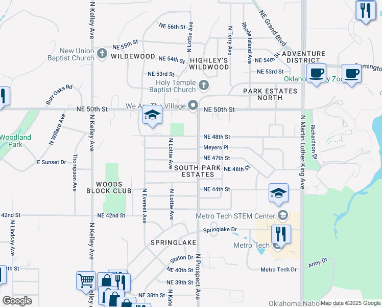 map of restaurants, bars, coffee shops, grocery stores, and more near 1400 Northeast 48th Street in Oklahoma City