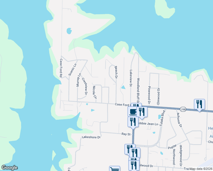 map of restaurants, bars, coffee shops, grocery stores, and more near 2412 Beach Drive in Heber Springs