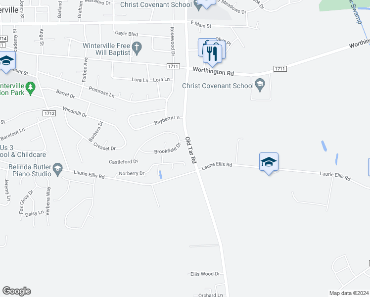 map of restaurants, bars, coffee shops, grocery stores, and more near 5152 Old Tar Road in Winterville