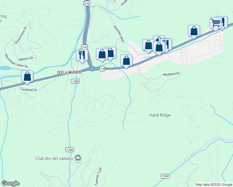 map of restaurants, bars, coffee shops, grocery stores, and more near 614 Spirit Mountain Trail in Waynesville