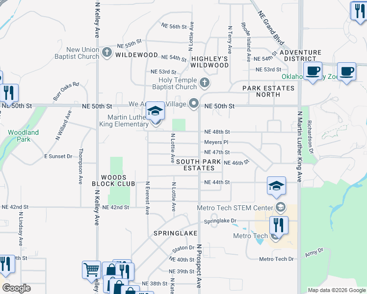 map of restaurants, bars, coffee shops, grocery stores, and more near 1400 Northeast 48th Street in Oklahoma City