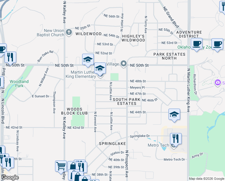 map of restaurants, bars, coffee shops, grocery stores, and more near 1237 Northeast 47th Street in Oklahoma City