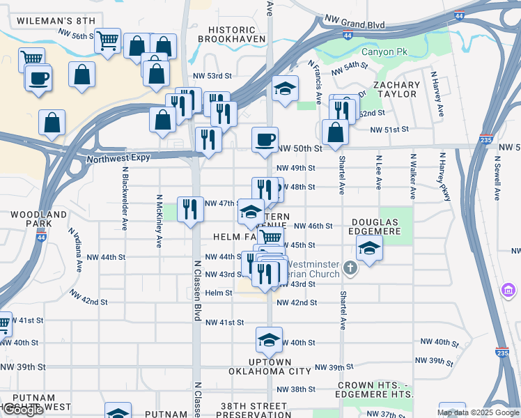 map of restaurants, bars, coffee shops, grocery stores, and more near 1101 Northwest 48th Street in Oklahoma City