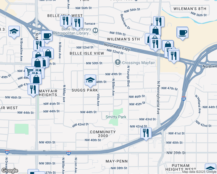 map of restaurants, bars, coffee shops, grocery stores, and more near 2425 Northwest 48th Street in Oklahoma City