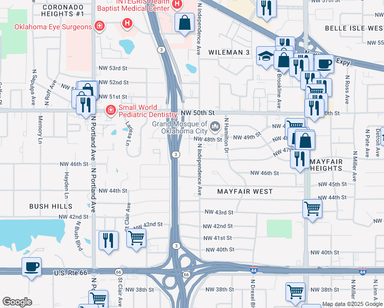 map of restaurants, bars, coffee shops, grocery stores, and more near 4720 North Woodward Avenue in Oklahoma City