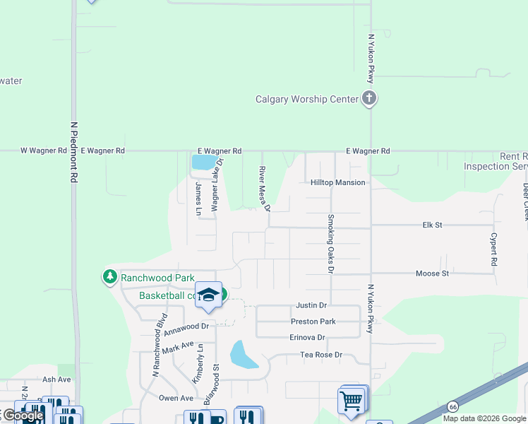 map of restaurants, bars, coffee shops, grocery stores, and more near 4720 River Mesa Drive in Yukon