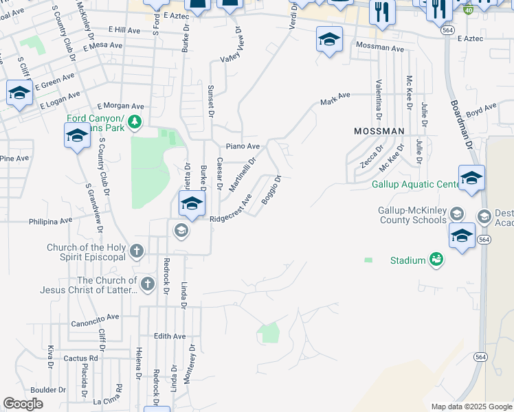 map of restaurants, bars, coffee shops, grocery stores, and more near 1124 Boggio Drive in Gallup