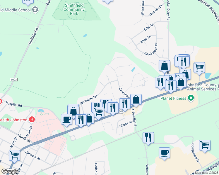 map of restaurants, bars, coffee shops, grocery stores, and more near 950 Berkshire Road in Smithfield
