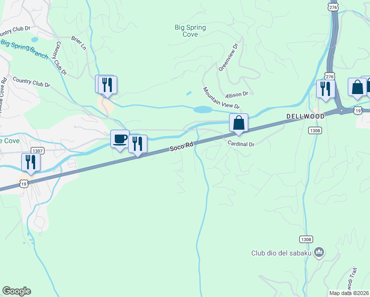 map of restaurants, bars, coffee shops, grocery stores, and more near 163 Moody Farm Road in Maggie Valley