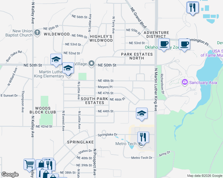 map of restaurants, bars, coffee shops, grocery stores, and more near 4823 North Terry Avenue in Oklahoma City